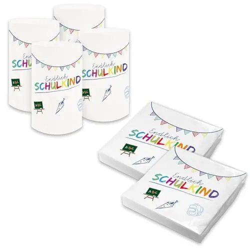 itenga Servietten Endlich Schulkind 30 x 30 cm 3-lagig 40 Stück für Einschulung Schulanfang 3lagig (SET weiss 40 Servietten + 6x Windlicht)