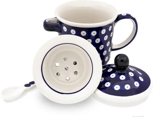 Orig. Bunzlauer Keramik Teebecher mit Deckel+Teesieb+Löffel Dekor 42 Teetasse