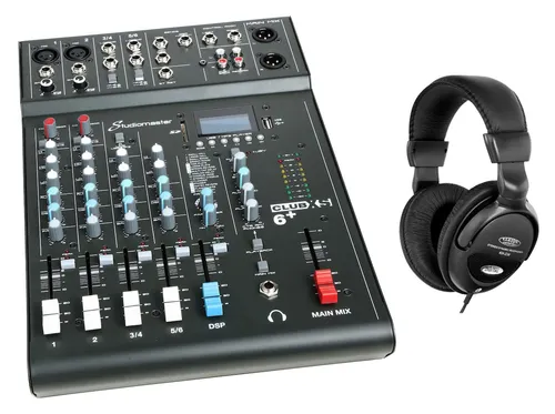 Studiomaster Club XS 6+ Mischpult Set - Mischpult mit 4 Kanälen, 16 DSP-Effekten und Bluetooth-Playback, ideal für DJs und Live-Events, inklusive dynamischem DJ-Kopfhörer.