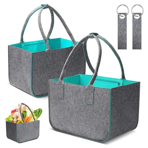 BEELUKY 2 Stück Filztasche Einkaufskorb,Filztaschen Shopping Bag, Einkaufstasche mit Henkel,Filz Einkaufskorb Faltbar 40x27x27cm, Filztasche Shopper für Einkaufen,Trips,Picknick, Dunkelgrau/Grün