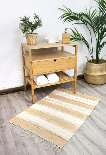 jilda-tex Teppich-Läufer Streifen mit Fransen handgewebt recycelt 60x90 cm Baumwolle ca. 1.800gsm (Streifen senfgelb/weiß)