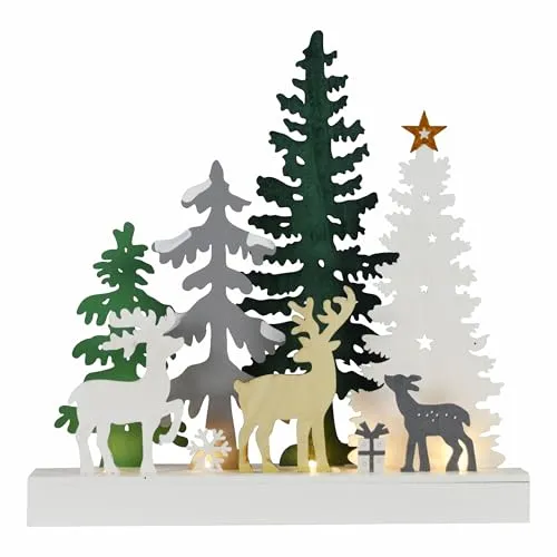 Winterlandschaft Wald aus Holz LED Batterie Timer Deko-Leuchte Xmas 5LED/10LED Weihnachts-Deko X-Mas (Grün)