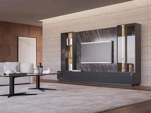 Designer Wohnwand 6tlg, Luxus Holzmöbel für modernes Wohnzimmer - Abteilung: Erwachsene, stilvolles 6-teiliges Set mit 7 Regalfächern, freistehend, in elegantem Grauholz, Maße: 326 x 49 x 189 cm, ideal für die moderne Einrichtung.