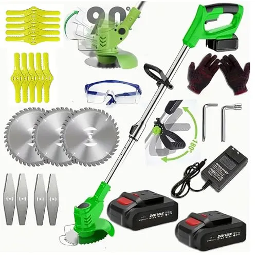 Akku-Rasentrimmer, batteriebetriebener Rasentrimmer mit 24 V, elektrischer Rasentrimmer ohne Kabel,mit 3 Arten von Klingen, 3 in 1 Verstellbarer Kopf und Teleskopgriff (Grün)
