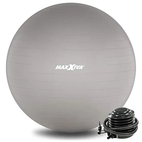 MAXXIVA Gymnastikball 55 cm Anti-Burst mit Luftpumpe bis 250 kg hautfreundlicher Sitzball Reha Hometraining Balanceball Yoga Pilates Sport Fitnessball (55 cm, Silber)
