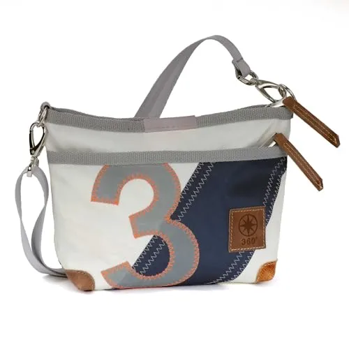 360° Grad Deern Lütt Umhänge-Tasche Segeltuch weiß-blau - Damen-Shopper aus recyceltem Segeltuch, ein einzigartiges Upcycling-Unikat mit Original Segel-Nähten und variierender Zahl zwischen 2-9.
