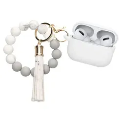 kwmobile Hülle für Apple Airpods Pro 2 Case mit Schlaufe - Silikon Schutzhülle mit Schlüsselanhänger - Kopfhörer Cover in Weiß Grau - Weiß