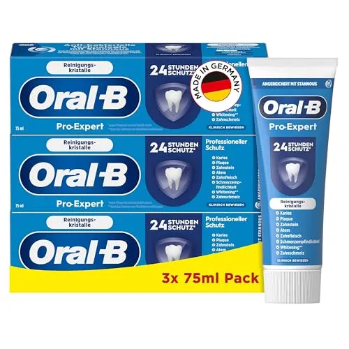 Oral-B Pro-Expert Professioneller Schutz Zahncreme/Zahnpasta mit Reinigungskristallen, 24h Schutz, Anti-bakterielle Technologie mit Stannous Fluorid, Minze & ein Hauch Zimt, 3x75ml
