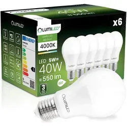 6x Led-lampe E27 A60 5w = 40w 550lm 4000k Neutralweiß 260° Lumiled