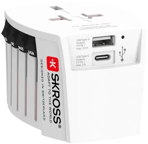 Skross Schutzkontakt-101412 - 2-Pol Universal-Reisestecker mit USB und USB C, ideal für gleichzeitiges Laden von zwei Geräten weltweit