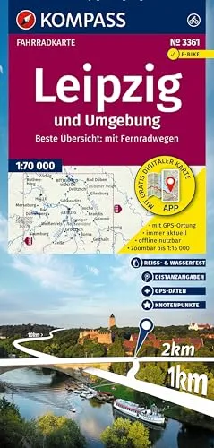 Produktbild KOMPASS Fahrradkarte 3361 Leipzig und Umgebung mit Knotenpunkten 1:70.000: reiß- und wetterfest