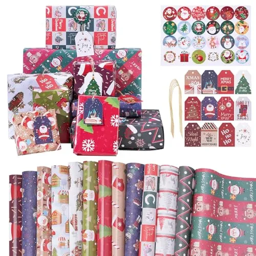 Stück Geschenkpapier Weihnachten, 70cm X 50cm Recycelbares Weihnachtsgeschenkpapier, Christmas Wrapping Paper, Kraftpapier mit Festlichem Elchmuster,füR Weihnachten, Geburtstag, Geschenkverpackung 12