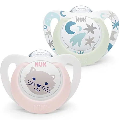 NUK Star Night & Day Baby Schnuller 0-6 Monate, leuchtet im Dunkeln, BPA-freies Silikon, rosa Katze, 2 Stück