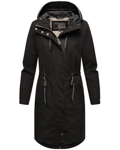 MARIKOO Damen Winterjacke N017 - Lang geschnittene Übergangsjacke mit Kapuze - Funktionsjacken für Damen, ideal für kalte Tage mit Wärme speichernder Funktion und kuscheligem Fleece in den Taschen.