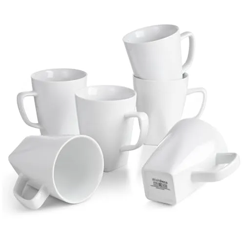 WishDeco Kaffeebecher 6er Set, Kaffeetassen Porzellan Weiß 400ml, Kaffee Tassen Groß mit Henkel, Tassen Set für Cappuccino Tee Milch Heißgetränke, Eckig Boden