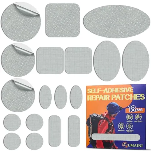 Daunenjacke Flicken Reparaturset, Nylon Flicken Selbstklebend Stoff 18 Stk. | Wasserdicht Daunenjacke Reparatur Patches Hellgrau, Zelt Reparaturset, Outdoor Nylon Reparaturflicken für Jacke