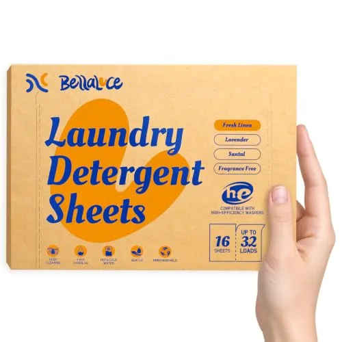 BellaLuce Waschmittel-Blätter, Frische Wäsche Duft, 32 Waschgänge, Plastikfrei, Biologisch Abbaubar, 16 Blätter, Hochkonzentriert, Hypoallergen