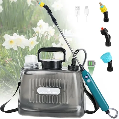 DOUBFIVSY Drucksprüher AutoPump, Gartenspritze Sprühgerät mit Batterie, Elektrischer Pflanzensprüher mit 3 Düsen, Teleskopierbare Lanze mit Sichtbarer Batteriestand, Transparenter Tank (8L)
