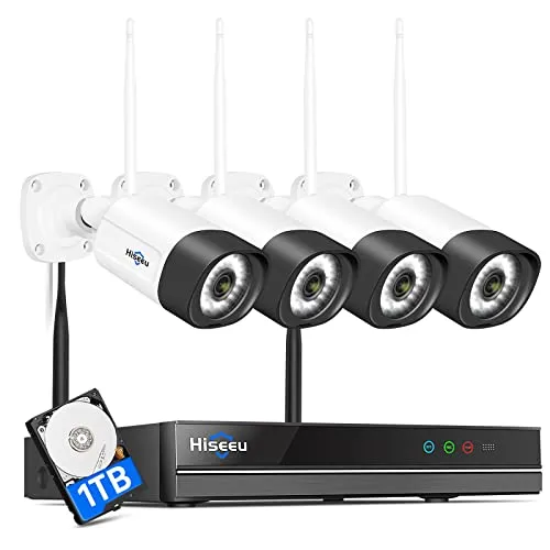 【5MP+Zwei-Wege-Audio】 Hiseeu Funk Überwachungskamera Set Aussen WLAN mit 10CH Wireless NVR,4x5MP Kabellose Kamera mit Nachtsicht,Bewegungserkennung,App&Mail Alarm,Fernzugriff auf APP,1TB Festplatte