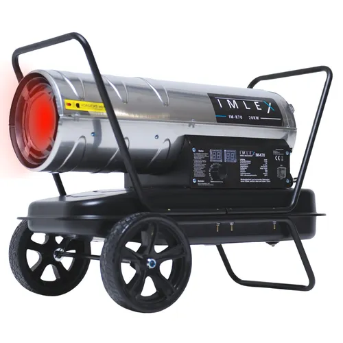 IMLEX IM-K70 Diesel Heizkanone 20 kW - Heizstrahler für effizientes Beheizen von Lagerräumen und Baustellen, ausgestattet mit Edelstahl Brennkammer und integriertem Thermostat für automatischen Betrieb.