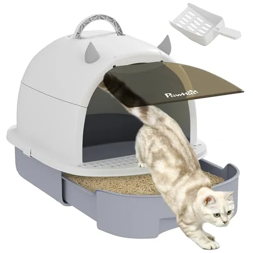 PawHut Katzentoilette mit Deckel und Schaufel – Grau - Praktische Katzentoilette mit privatem Zugang und Duftbeuteln für optimale Geruchskontrolle. Die Bodenschublade sorgt für mühelose Reinigung. Ideal für Katzen bis 5 kg.