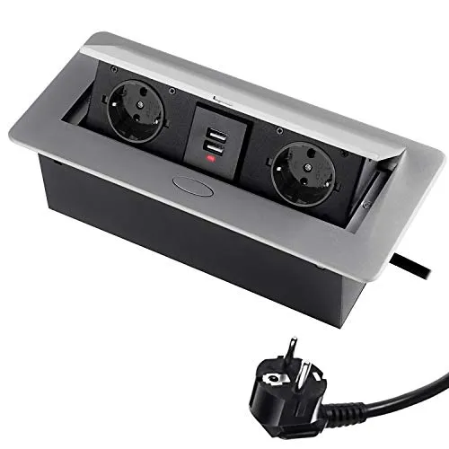 Fach Versenkbare Steckdosenleiste mit 2 USB, Einbausteckdose Tischplatte Versenkte Steckdose, Tischsteckdose Versenkbar, Mehrfachsteckdose 230V mit 1.5M Kabel, Silber 2