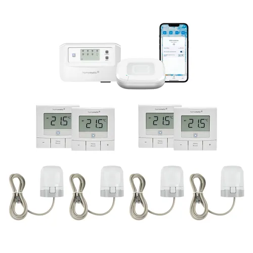 HOMEMATIC IP Starter Bundle Fußbodenheizung für 4 Räume, weiß - Intelligente Fußbodenheizungssteuerung für bis zu 4 Räume. Inklusive Wandthermostate und motorischen Stellantrieben für einfachen Komfort im Smart Home.
