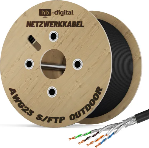 hb-digital CAT 7 Verlegekabel Outdoor 250m - Netzwerkkabel für hohe Übertragungsraten, UV-beständig und wetterfest, ideal für Außeninstallationen.