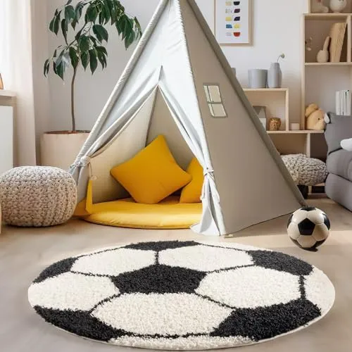 Carpettex Kinderteppich Fußball-Design Schwarz 100 cm Rund - Hochflor Teppich Kinderzimmer für Mädchen und Jungen Super Weich Flauschig - Runder Spielteppich Babyteppich Gaming Teppich Babyzimmer