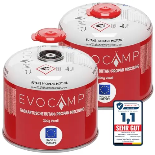 EVOCAMP 2X Propan Butan Gaskartuschen 300g, Schraubventil Eurogewinde 7/16