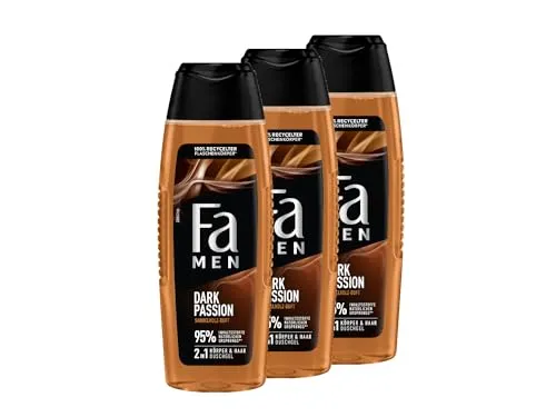 FA Men Duschgel Dark Passion (3x 250ml), 2in1 für Körper & Haar, mit dem maskuliner Duft von verführerischem Sandelholz & orientalischen Gewürzen, milde und vegane Formel