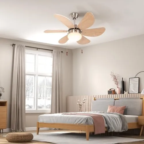 HOMCOM Deckenventilator mit Licht und 6 Flügeln - Ventilator für Schlafzimmer und Wohnzimmer, bietet 3 Geschwindigkeitsstufen und stilvolles Design in Buche Holzton und Silber für angenehme Kühlung und Atmosphäre.
