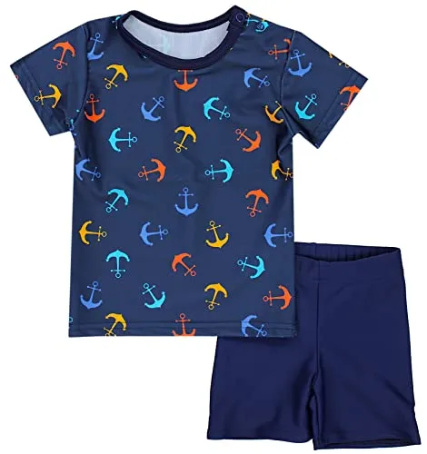Aquarti Baby Jungen Bade-Set Zweiteiliger Kinder Badeanzug T-Shirt Badehose UV-Schutz, Farbe: Anker Orange Blau/Dunkelblau, Größe: 104