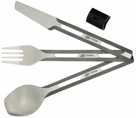 Titanium Cutlery Set - Leichtes Besteckset aus Titan - Outdoor Geschirr, extrem leicht und robust, mit hitzebeständiger Silikon-Manschette für einfache Handhabung. Ideal für Camping und Wandern!
