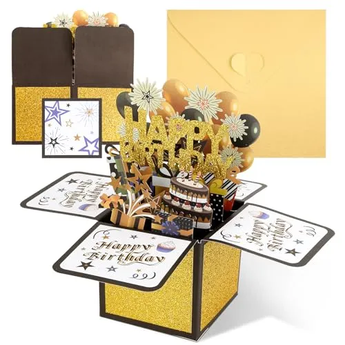 3D Pop Up Karte Geburtstag, Schwarzes Gold 3D Geburtstagskarte Pop Up, 3D Pop Up Birthday Cards Mit Umschlägen Und Karten, 3D Birthday Card Mit Luftballons Und Feuerwerk, Für Geburtstagswünsche