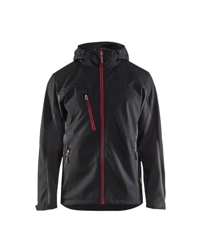 Blaklader Softshell Jacke 4XL - Schwarz/Rot - Arbeitsjacke aus der Unite Kollektion, windabweisend und atmungsaktiv. Mit vorgeformten Ärmeln, verstellbarem Bund und Kapuze für optimalen Komfort. Ideal für professionelle Ansprüche.