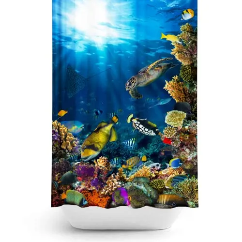 Ekershop Digitaldruck Textil Duschvorhang Aquarium 240x200 cm SEA Life inkl. Ringe Badewannen Vorhang Wannenvorhang Badevorhänge