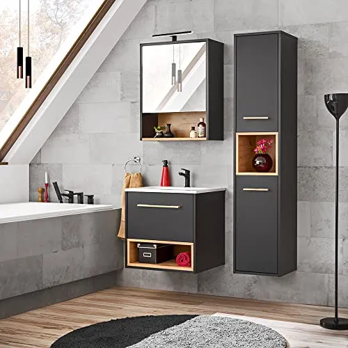 Lomadox Badmöbel Set in anthrazit mit Artisan Eiche Nb. mit Spiegelschrank und Beleuchtung, B/H/T: ca. 112/200/46 cm