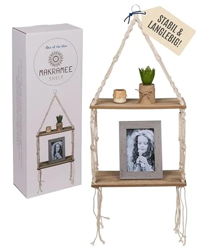 Out of the blue Holz-Wandregal mit Makramee – Boho-Hängeregal aus Holz & Baumwolle – Dekoratives Wandregal für Pflanzen, Bücher & Dekoartikel – Natürliches Design