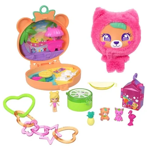 Polly Pocket Puppen- und Haustier-Spielset, Plüschbär-Schatulle, Schlüsselanhänger und Plüschtier, Obst-Zubehörteile und Anhänger, JKC79