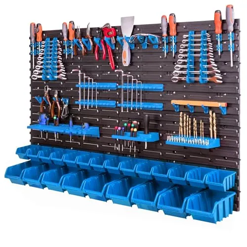 botle Wandregal für Werkzeuge 115x78cm 23 Stapelboxen Werkzeughalter Kunststoff Organisation und Ordnung in Garage und Werkstatt Aufbewahrung von Werkzeugen Werkbank Lagersystem Blau