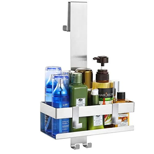 Emibele Duschablage zum Hängen, Edelstahl Duschablage ohne Bohren, Badregal ohne Bohren mit Haken, Shampoo Lotion Halterung, Duschkorb Handtuchhalter Wandregal für Glastür Badezimmer, Silber
