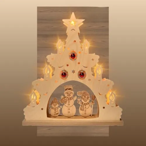 WEIGLA - Lichterspitze original Erzgebirge I Motiv Schneemannfamilie mit roten Kugeln I Lichterbogen Weihnachten I 7 Lampenkerzen + 1 Ersatzlampe I 7 x 34 V, 3 W, E10 I Weihnachtsdeko innen I aus Holz