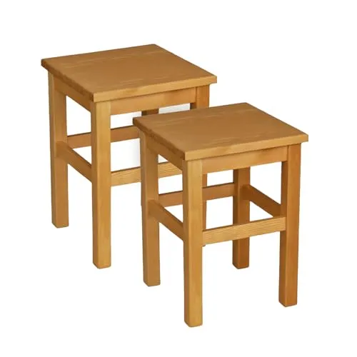 Metdrew Holzhocker | Holzhocker 32 x 32 x 45 cm | Küchenhocker | Quadratischer Hocker | Rustikaler Stil | 2 Stück | Küchenhocker aus Holz | Holzschemel | Farbe: Erle gebeizt | 2 Stück