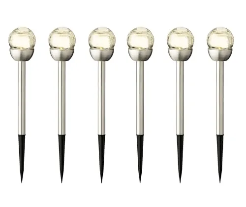 Lumineo Solar 6er-Stabbeleuchtung - Edelstahl mit Glaskugel - Elegante LED Gartenbeleuchtung im 6er Set, ideal für Balkon und Garten. Robuste Edelstahl-Stäbe und stimmungsvolle warmweiße Lichtfarbe schaffen eine einladende Atmosphäre.