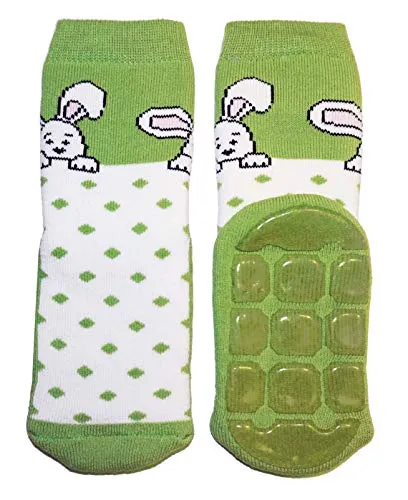 Weri Spezials Baby und Kinder Voll Frotee Anti-Rutsch Stopper Socken für Jungen Hasen Muster (23-26, Grün Hase-Punkte)