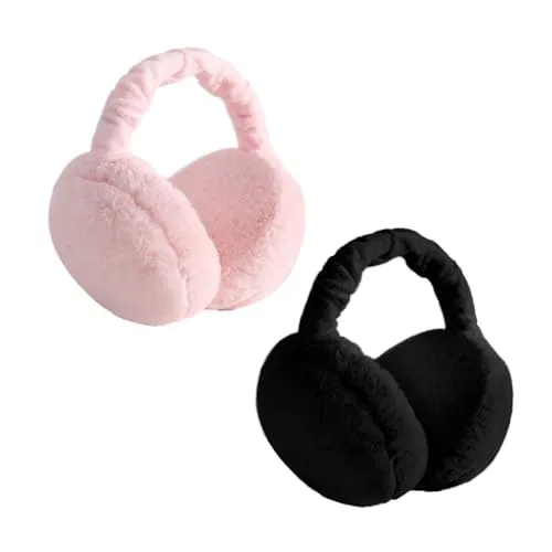 COACOM 2 Stück Damen-Ohrenschützer, Schwarz und Rosa, Verstellbare Faltbare Jungen-Herbst- und Winter-Plüsch-Ohrenschützer, Damen-Ohrenschützer-Zubehör, Unisex, Geeignet für Thanksgiving, Halloween