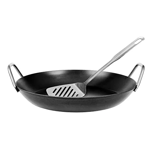 GRÄWE Schmiedeeiserne Servierpfanne F 400, Ø 32 cm, hoher Rand, Eisenpfanne mit Griffen, 400° C hitzebeständig, Pfanne aus Eisen, kratzfeste Bratpfanne, unbeschichtet, induktionsgeeignet, mit Wender