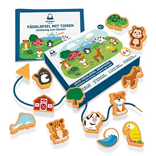 HELDENGUT Fädelspiel Spielzeug ab 1 Jahr & 2 [4in1 Varianten] Holz Montessori Spielzeug ab 1 Jahr