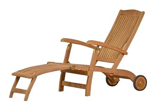 Kai Wiechmann Premium Teak Deckchair mit Rad - Wetterfester Liegestuhl aus hochwertigem Teakholz, 4-fach verstellbare Rückenlehne und abnehmbare Fußablage für unvergleichlichen Sitzkomfort.